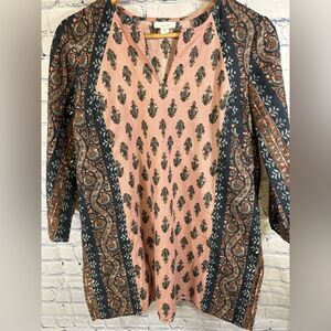 Pure Jill Pink Brown Folklore Boho Stevie V Neck 3/4 Sleeve Popover Top Size PM